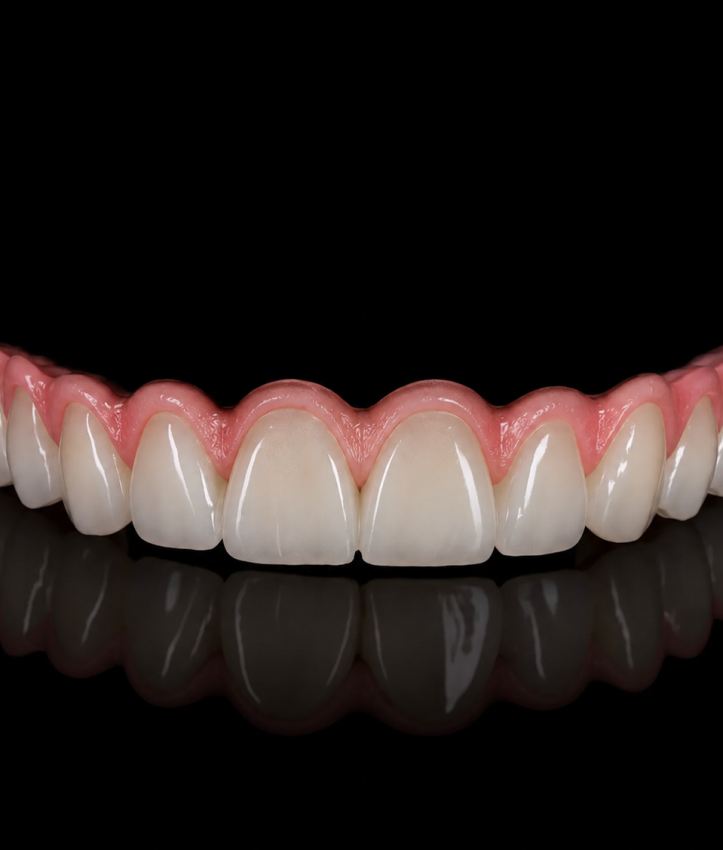 Illustration de dents blanches alignées sur un fond noir.